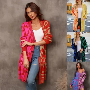 Women Mid-length Knit Cardigan Sweater Leopard Patchwork Long Sleeve V-Neck Open Front Acrylic Outwear Top With Pockets