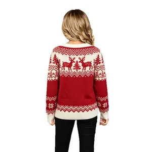 Vintage red and white Christmas jacquard sweater with reindeer and tree patterns