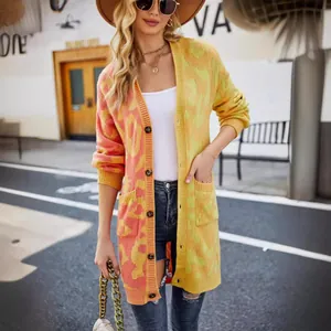 Leopard print patchwork mid-length knit cardigan jacket for women