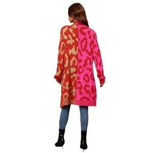 Women's mid-length color-block leopard print knit cardigan sweater jacket.