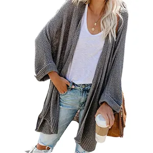 Lässige graue lange Strickjacke für Damen mit offener Vorderseite und lockerer Passform