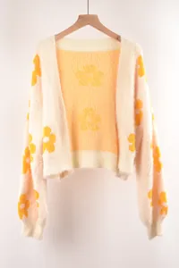 Càrdigan de punto suave con motivos de flores amarillas y diseño corto de otoño.