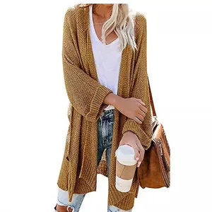 Übergroße senfgelbe lange Strickjacke für Damen mit gemütlichem Open-Front-Design