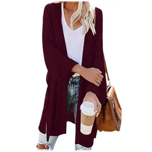 Oversized Damen Strickjacke in Weinrot, langer offener Cardigan für lässigen Look