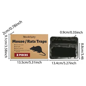 Dimensioni dettagliate delle trappole per topi MOONSPRY con misure di scatola e vassoio.