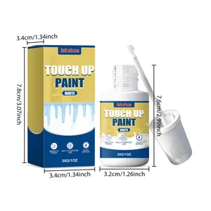 Kit de pintura de retoque JAKEHOE blanco con frasco y caja y dimensiones detalladas