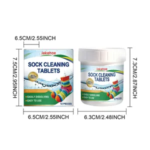 Detailed dimensions of Jakehoe 12-piece sock cleaning tablets in box and jar containers