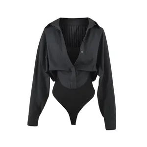 Unique black fake two-piece bodysuit shirt featuring pleated texture and buttons
