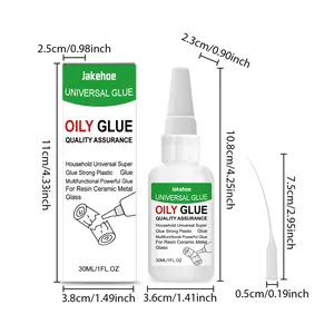 Detailed dimensions of Jakehoe 30ml universal oily glue bottle and packaging box