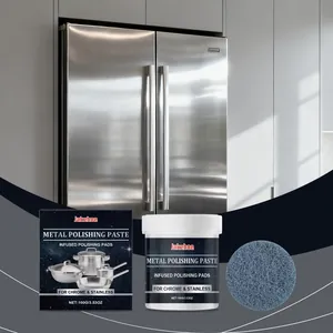 Jakehoe metal polishing paste set with cleaning pad shown against a stainless steel fridge