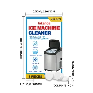 Detail view of Jakehoe ice machine cleaner tablets with packaging and dimensions