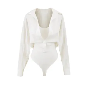 Detail view of white faux two-piece shirt bodysuit with ribbed bottom and collar