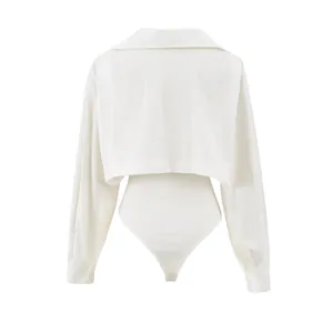 Back view of elegant white fake two-piece bodysuit shirt with ribbed texture detail.