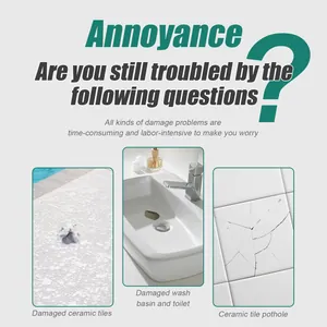 Detail view of damaged ceramic tiles and cracked wash basin needing repair paste