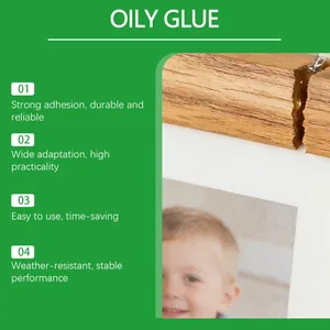 Detail view of oily glue used for wood repair and frame bonding with key features list