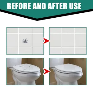 Ceramic repair paste showing before and after effect on tiles and toilet seat