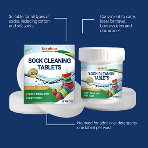 Close-up detail of JAKEHOE sock cleaning tablets for travel and dormitory laundry use