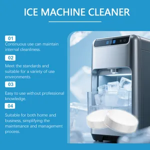 White round ice machine cleaner tablets for descaling shown with a modern ice maker