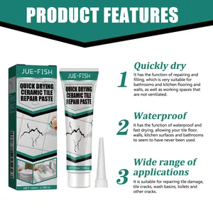 Infographic showing quick-drying waterproof ceramic tile repair paste features