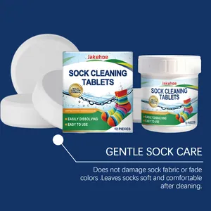 Close-up detail of JAKEHOE gentle sock cleaning tablets featuring multi-function formula