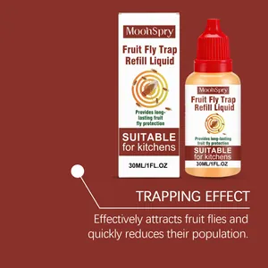 Detail van MoonSpry fruitvliegval navulvloeistof fles en doosje 30ml verpakking