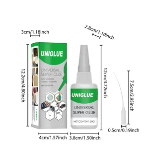 Gedetailleerde afmetingen voor 50g universele secondelijm fles en verpakking met applicator.
