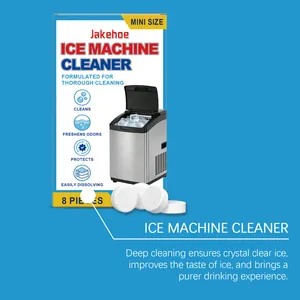 Detailed view of Jakehoe ice machine cleaner tablets with packaging and product features