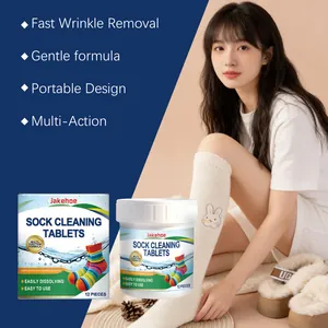 Close-up of Jakehoe sock cleaning tablets with an Asian model wearing white long socks.