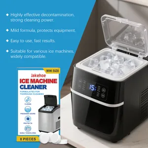 JAKEHOE ice machine cleaner tablets shown with a black portable ice making device