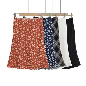 Sélection de jupes midi vintage de style coréen à taille haute, motifs fleurs et carreaux