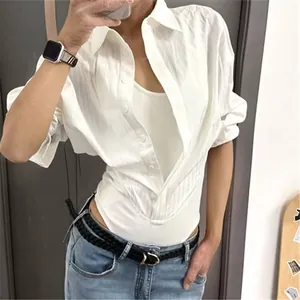Women's Sexy Mock Two Piece Shirt Bodysuit Slim Fit Long Sleeve Turn Down Collar Ribbed Knit Body Top Elegant Lady Fashion