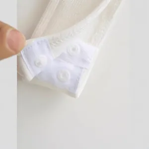 Close-up of white ribbed bodysuit bottom with three snap button closures