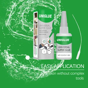 Gedetailleerd overzicht van 50g universele secondelijm met applicator en verpakking.