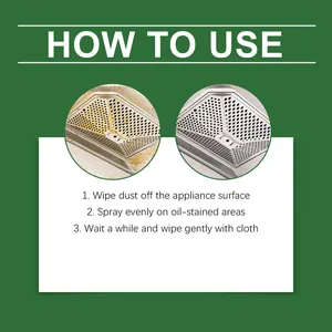 Instructional diagram for kitchen cleaner showing before and after range hood cleaning.