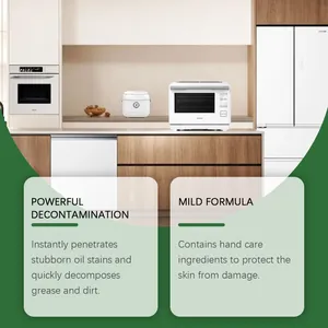 Kitchen cleaner detail showing powerful decontamination and mild formula for appliances