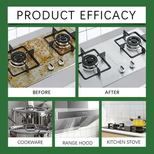 Detailed efficacy of kitchen appliance cleaner on stoves, cookware, and hoods.