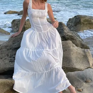 Dames Franse Vintage Puur Katoen Maxi Jurk Geplooide Rand Voor Knopen Ontspannen Vakantiestijl Lange Strandjurk