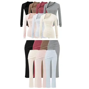 Femme Col Oblique Asymétrique Plissé Top Manches Longues Taille Haute Pantalon Évasé Jupe Moulante Coupe Ajustée Vêtements