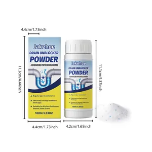 Polvo desatascador Jakehoe 100g con dimensiones de caja y botella para limpieza del hogar