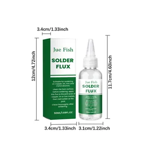 Detailed macro view showing the dimensions of Jue Fish Solder Flux bottle and packaging