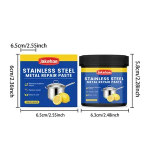 Abmessungen von JAKEHOE 100g Edelstahl-Metall-Reparaturpaste Dose und Box.
