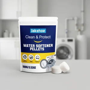 Detailansicht der Jakehoe Wasserenthärter-Pellets und 100g Verpackung für Haushaltsgeräte