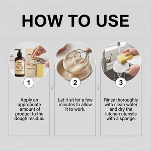 Instructional guide for amylase dough cleaner showing three-step cleaning process