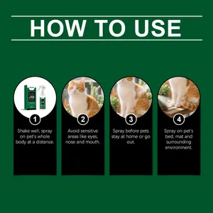 Guide en quatre étapes pour utiliser le spray anti-puces et tiques pour animaux.
