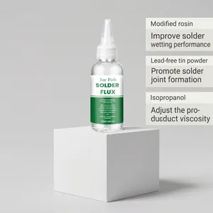 Close-up of Jue Fish 50ml solder flux bottle with ingredient details and features