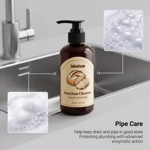 Enzymatic amylase cleaner for sourdough residue showing drain and pipe care action.