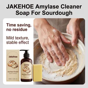 Detailed view of hands cleaning sourdough residue using JAKEHOE amylase cleaner soap