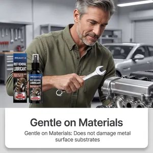 Macro view of rust removal lubricant spray showing gentle application on metal car parts