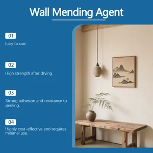 Wall mending agent features list with clean interior decor scene showing repair results