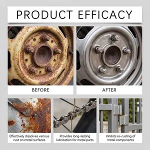 Comparison showing metal rust removal efficacy on car wheels, chains, and hinges.
